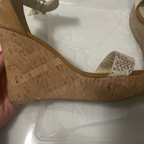 Mark Fisher beige suede and snake embossed ankle strap cork wedges. - Picture 3 of 13